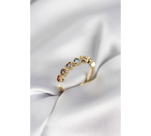 Gold Renk Kalp Model Renkli Zirkon Taşlı Kadın Yüzük