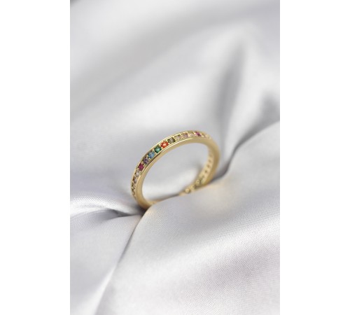 Gold Renk Sıralı Renkli Zirkon Taşlı Kadın Yüzük