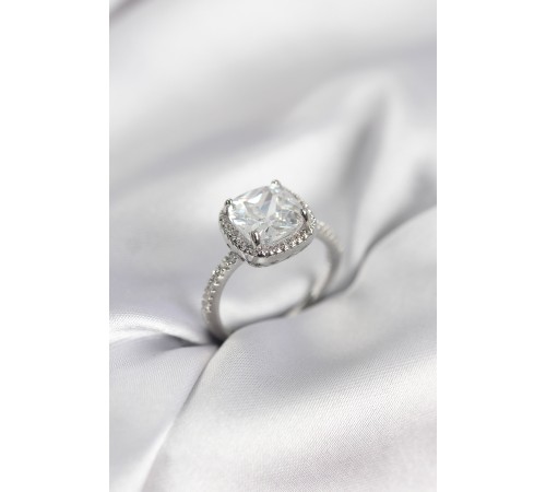 Kare Tek Taş Model Zirkon Taşlı Gümüş Renk Kadın Yüzük