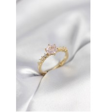 Gold Renk Pembe Tek Taş Model Zirkon Taşlı Kadın Yüzük