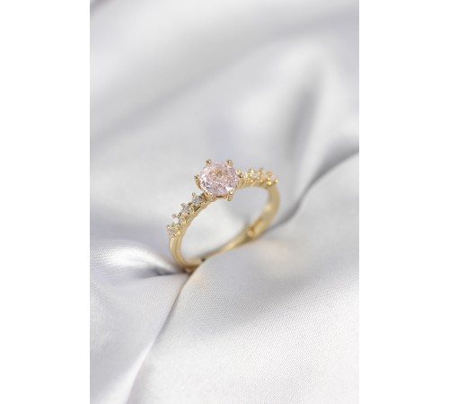 Gold Renk Pembe Tek Taş Model Zirkon Taşlı Kadın Yüzük