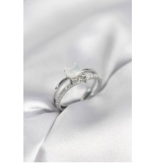 Gümüş Renk Sedefli Kedi Model Fiyonklu Zirkon Taşlı Kadın Yüzük