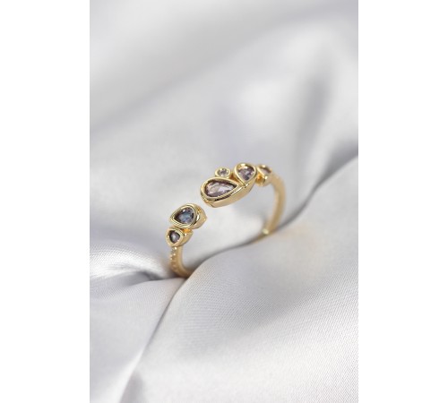 Gold Renk Mor Damla Zirkon Taşlı Kadın Yüzük