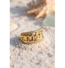 Çift Sıra Zirkon Taşlı Örgü Zincir Formlu Gold Renk Yüzük