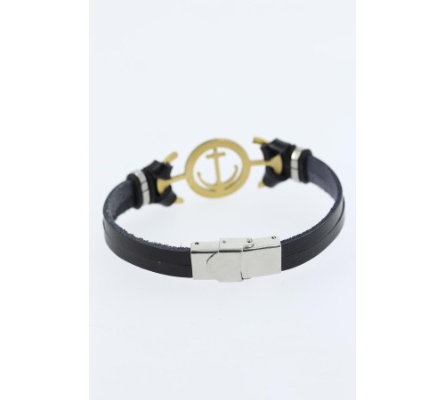 Gold Renk Deniz Çapası Figürlü Metal Aksesuarlı Siyah Renk Deri Erkek Bileklik