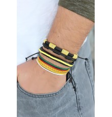 Sarı Renk Zımbalı Deri Erkek Bileklik Kombini