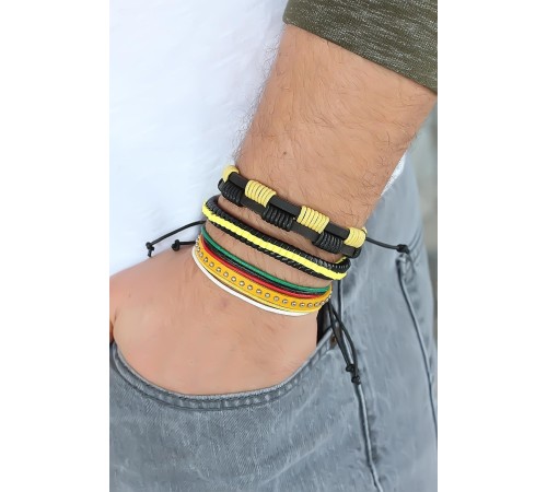 Sarı Renk Zımbalı Deri Erkek Bileklik Kombini