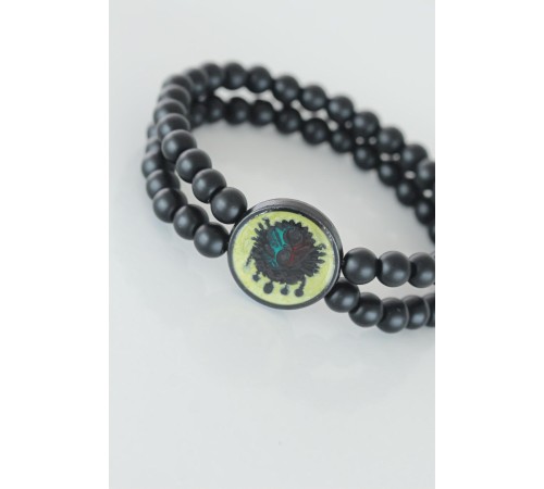 Sarı Renkli Metal Üzerine Osmanlı Arma Figürlü Siyah Renk Çift Sıra Doğal Taş Erkek Bileklik