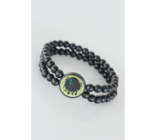 Sarı Renkli Metal Üzerine Osmanlı Arma Figürlü Siyah Renk Çift Sıra Doğal Taş Erkek Bileklik