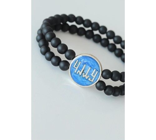 Vav Figürlü Lacivert Metal Aksesuarlı Çift Sıra Oniks Doğal Taş Erkek Bileklik