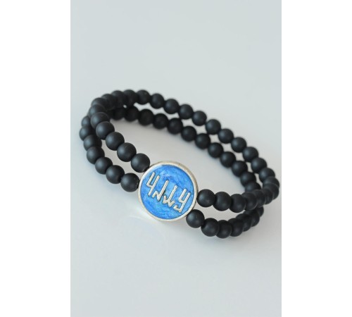 Vav Figürlü Lacivert Metal Aksesuarlı Çift Sıra Oniks Doğal Taş Erkek Bileklik