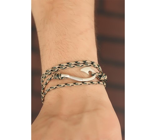 Krem Renk Çizgi Desenli Metal Kancalı Erkek Bileklik