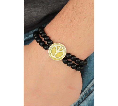 Sarı Metal Barış Simgesi Tasarımlı Siyah Renk Mat Oniks Doğal Taş Erkek Bileklik