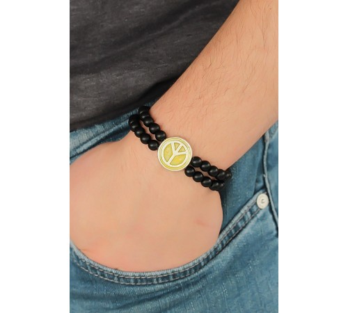 Sarı Metal Barış Simgesi Tasarımlı Siyah Renk Mat Oniks Doğal Taş Erkek Bileklik