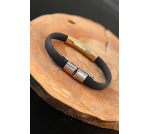 Gold Renk Metal Tasarım Siyah Renk Silikon Erkek Bileklik