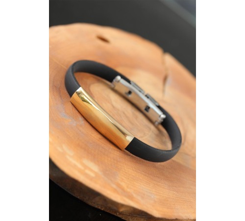 Gold Renk Metal Tasarım Siyah Renk Silikon Erkek Bileklik