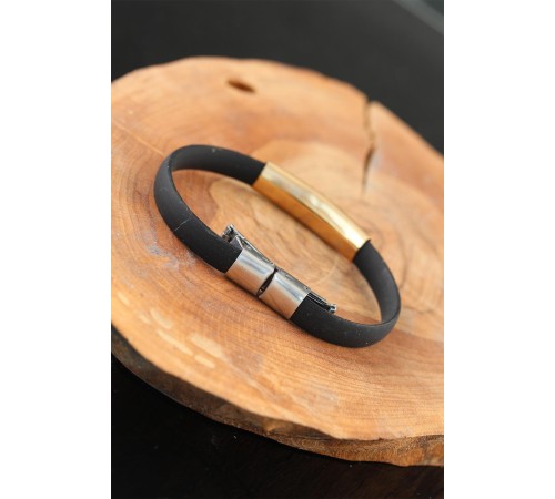 Gold Renk Çelik Yıldızlı Tasarım Siyah Renk Silikon Erkek Bileklik