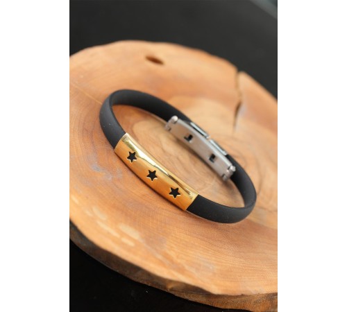 Gold Renk Çelik Yıldızlı Tasarım Siyah Renk Silikon Erkek Bileklik