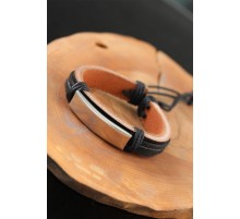 Çelik Aksesuarlı Siyah Renk Deri Erkek Bileklik