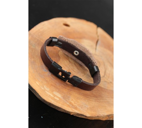 Siyah Sonsuzluklu Metal Aksesuarlı Kahverengi Deri Erkek Bileklik