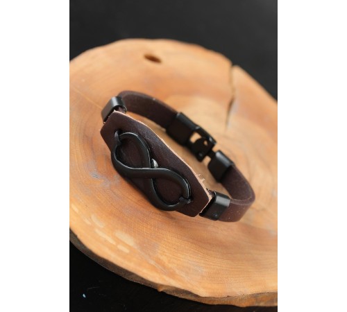 Siyah Sonsuzluklu Metal Aksesuarlı Kahverengi Deri Erkek Bileklik