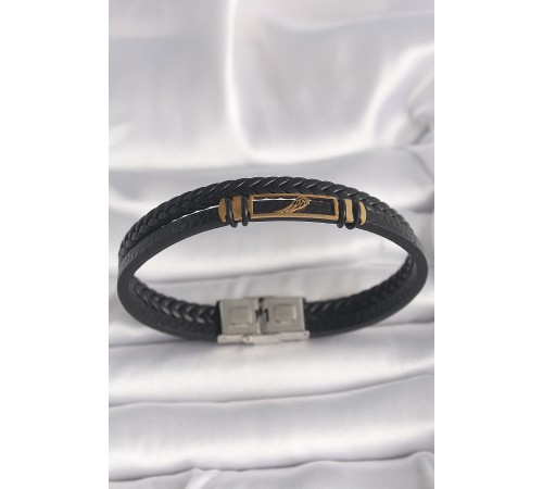 316L Çelik Gold Renk Kanat Aksesuarlı Siyah Burgu Model Deri Kordon Erkek Bileklik