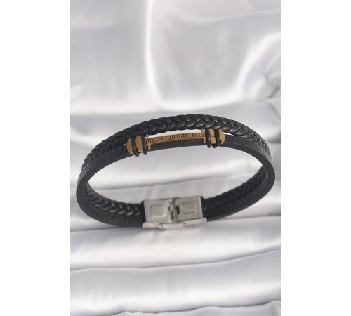 316L Çelik Gold Renk ZikZak İşlemeli Aksesuarlı Çift Sıra Burgu Desenli Deri Kordon Erkek Bileklik