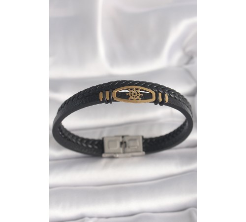 316L Çelik Gold Renk Gemi Dümen Figür Siyah Renk Çift Sıra Burgu Desenli Deri Kordon Erkek Bileklik