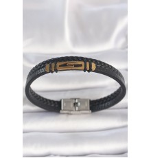 316L Çelik Gold Renk Aksesuarlı Çift Sıra Siyah Burgu Desenli Deri Kordon Erkek Bileklik