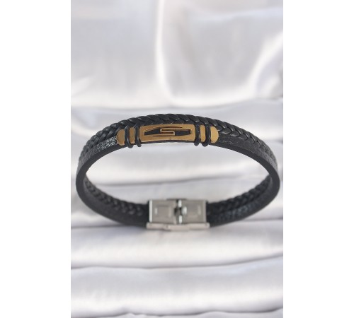 316L Çelik Gold Renk Aksesuarlı Çift Sıra Siyah Burgu Desenli Deri Kordon Erkek Bileklik
