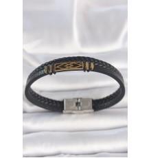 316L Çelik Gold Renk Aksesuarlı Çift Sıra Siyah Burgu Desenli Deri Kordon Erkek Bileklik
