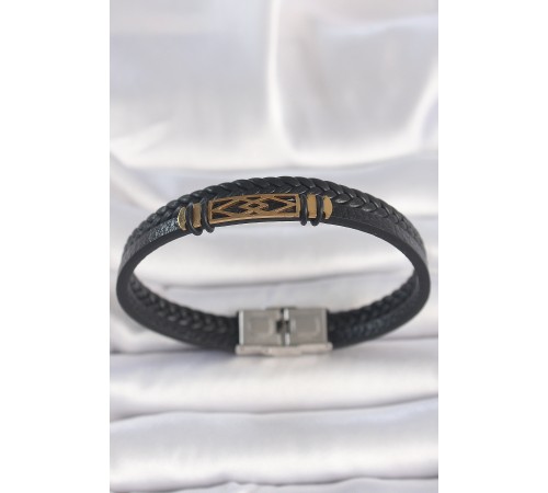 316L Çelik Gold Renk Aksesuarlı Çift Sıra Siyah Burgu Desenli Deri Kordon Erkek Bileklik