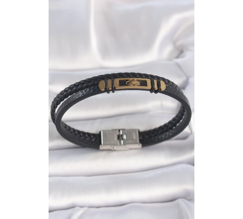 316L Çelik Gold Renk Örümcek Figür Çift Sıra Burgu Desenli Deri Kordon Erkek Bileklik