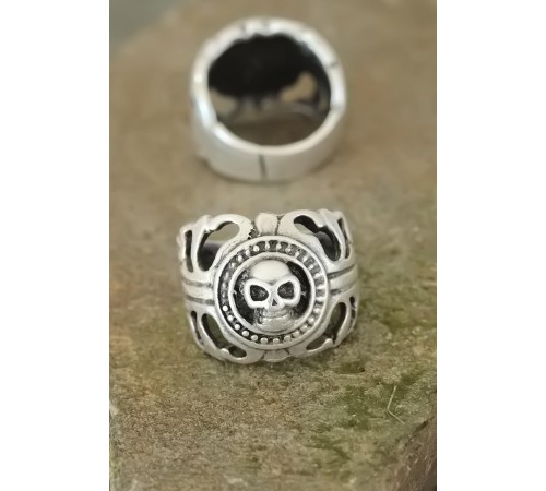 Eskitme Gümüş Renk Metal Kuru Kafa Tasarım Ayarlamalı Erkek Yüzük