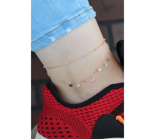 Zirkon Taşlı Rose Renk Çift Zincirli Hal Hal