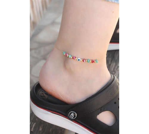 Yeni Sezon Minimal Nazar Boncuk Detaylı Renkli Taş Tasarımlı Halhal