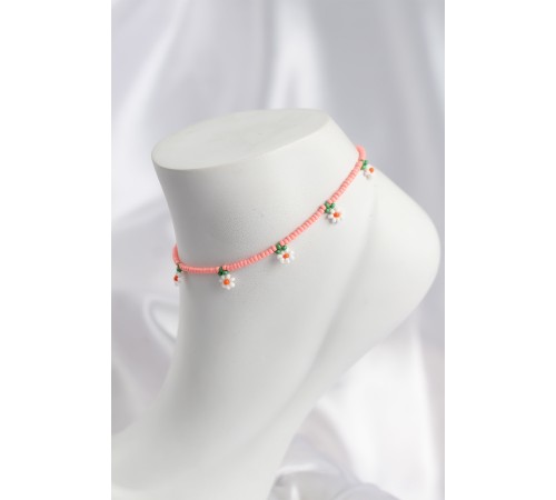 Pembe Renk Boncuklu Papatya Motifli Halhal