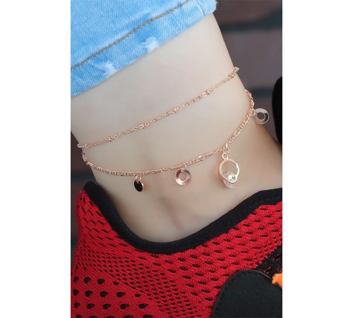 Kristal Taşlı Halkalı Rose Renk Çift Zincirli Hal Hal