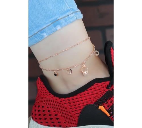 Kristal Taşlı Halkalı Rose Renk Çift Zincirli Hal Hal