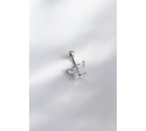 316L Cerrahi Çelik Gümüş Renk Zirkon Taş Kelebek Model Kadın Göbek Piercing