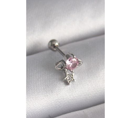 316L Çelik Gümüş Renk Pembe Zirkon Taşlı Sallantı Yıldız Detay Tragus Piercing
