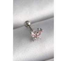 316L Çelik Gümüş Renk Pembe Zirkon Taşlı Kelebek Tragus Piercing