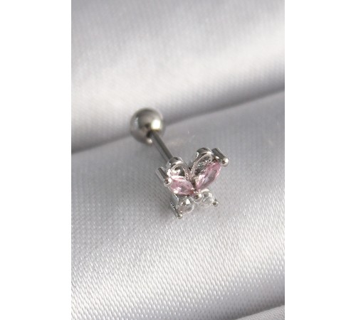 316L Çelik Gümüş Renk Pembe Zirkon Taşlı Kelebek Tragus Piercing