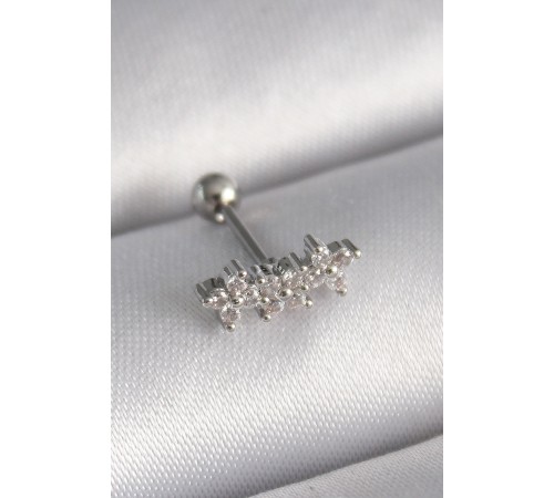 316L Çelik Gümüş Renk Zirkon Taşlı Yonca Tragus Piercing