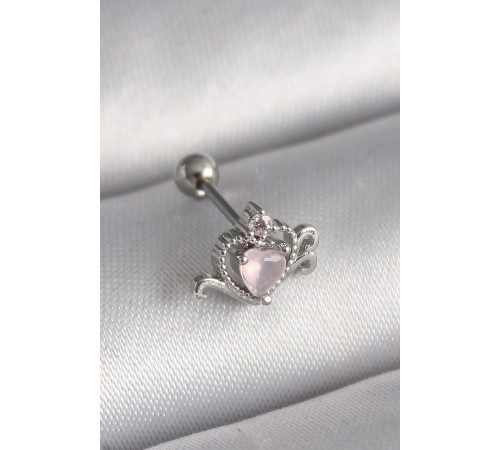 316L Çelik Gümüş Renk Pembe Mineli Kalp Zirkon Taş Detay Tragus Piercing