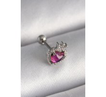 316L Çelik Gümüş Renk Pembe Mineli Kalp Zirkon Taş Detaylı Taç Tragus Piercing