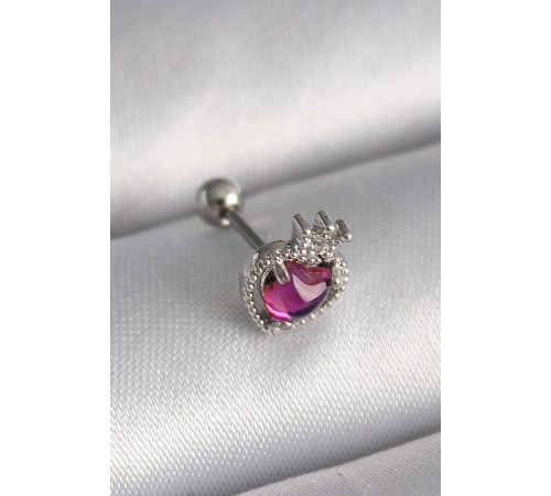316L Çelik Gümüş Renk Pembe Mineli Kalp Zirkon Taş Detaylı Taç Tragus Piercing