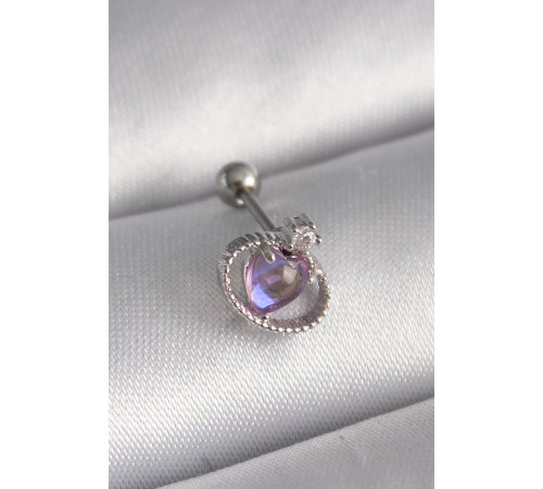 316L Çelik Gümüş Renk Mor Mineli Kalp Zirkon Taş Detay Tragus Piercing