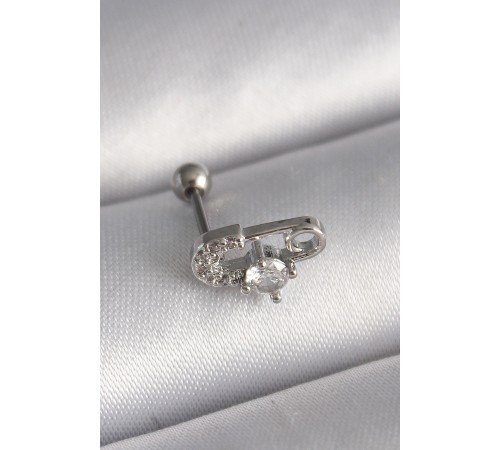 316L Çelik Gümüş Renk Zirkon Taşlı Toplu İğne Tragus Piercing