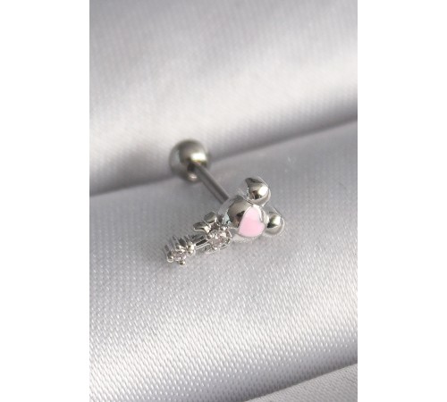 316L Çelik Gümüş Renk Zirkon Taş Detay Pembe Kalp İşleme Tragus Piercing